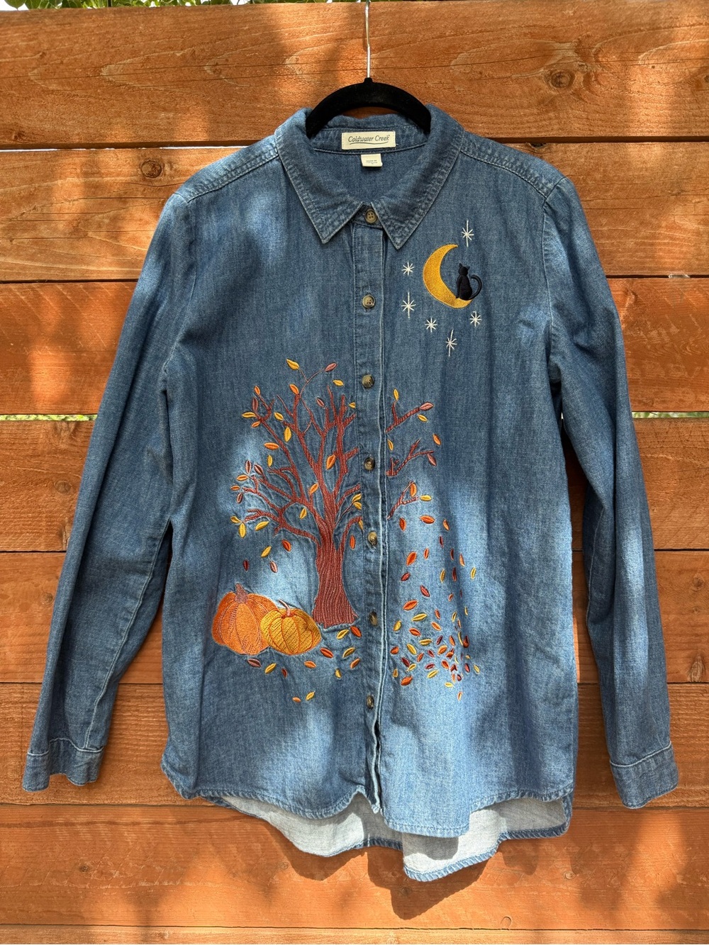 90s Fall Embroidered Denim Button-Up